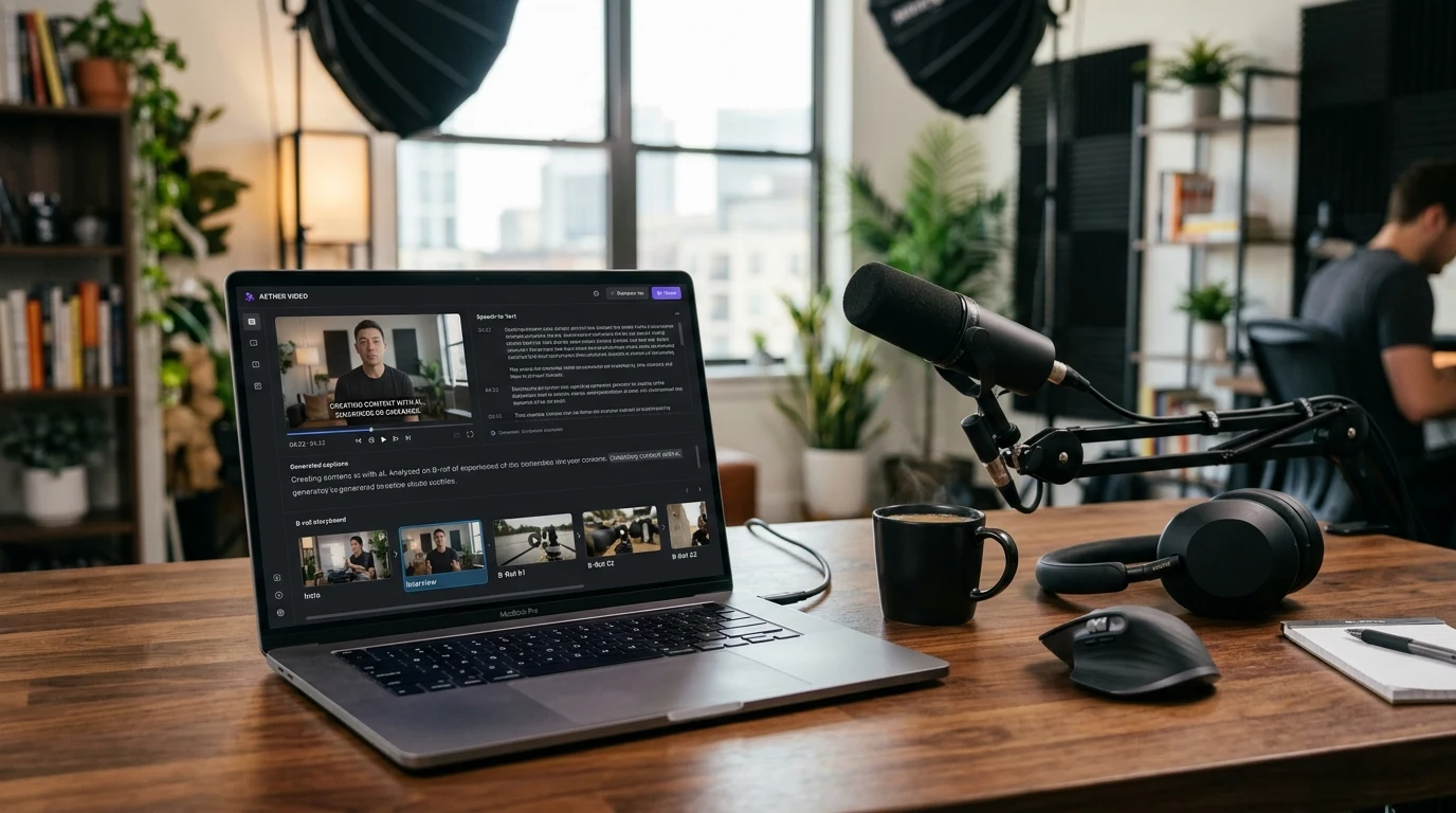 YouTube creator digital workspace with dual monitors showing video analytics and professional studio microphone