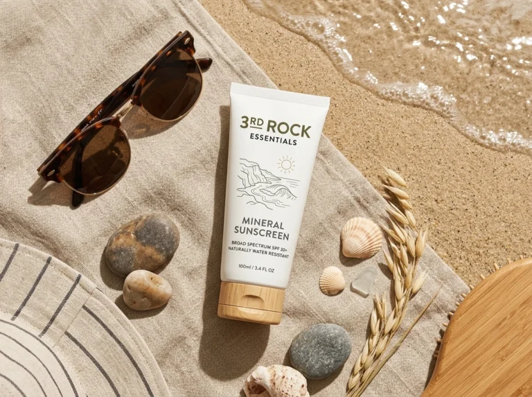 3rd Rock Essentials non-toxic zinc oxide mineral sunscreen tube and Badger organic balm in a sunny beach flatlay with seashells