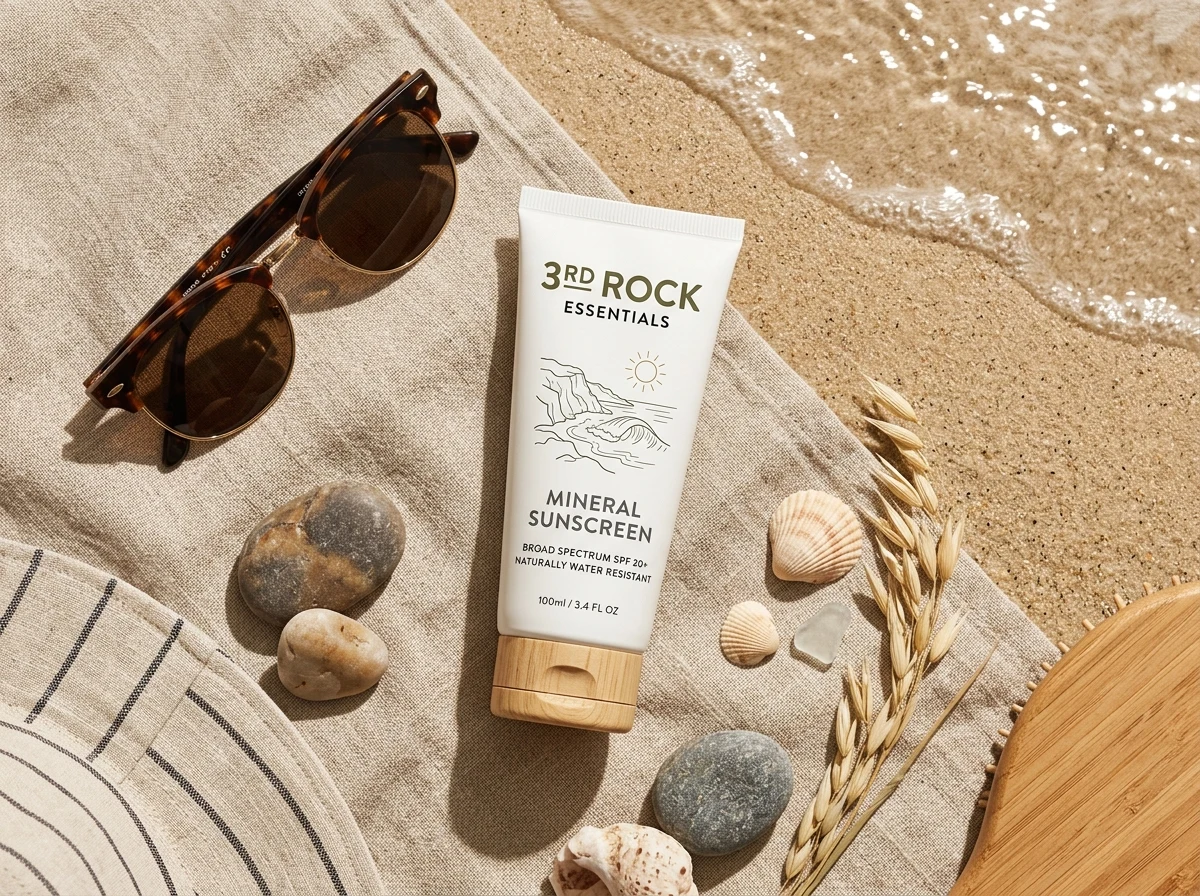 3rd Rock Essentials non-toxic zinc oxide mineral sunscreen tube and Badger organic balm in a sunny beach flatlay with seashells