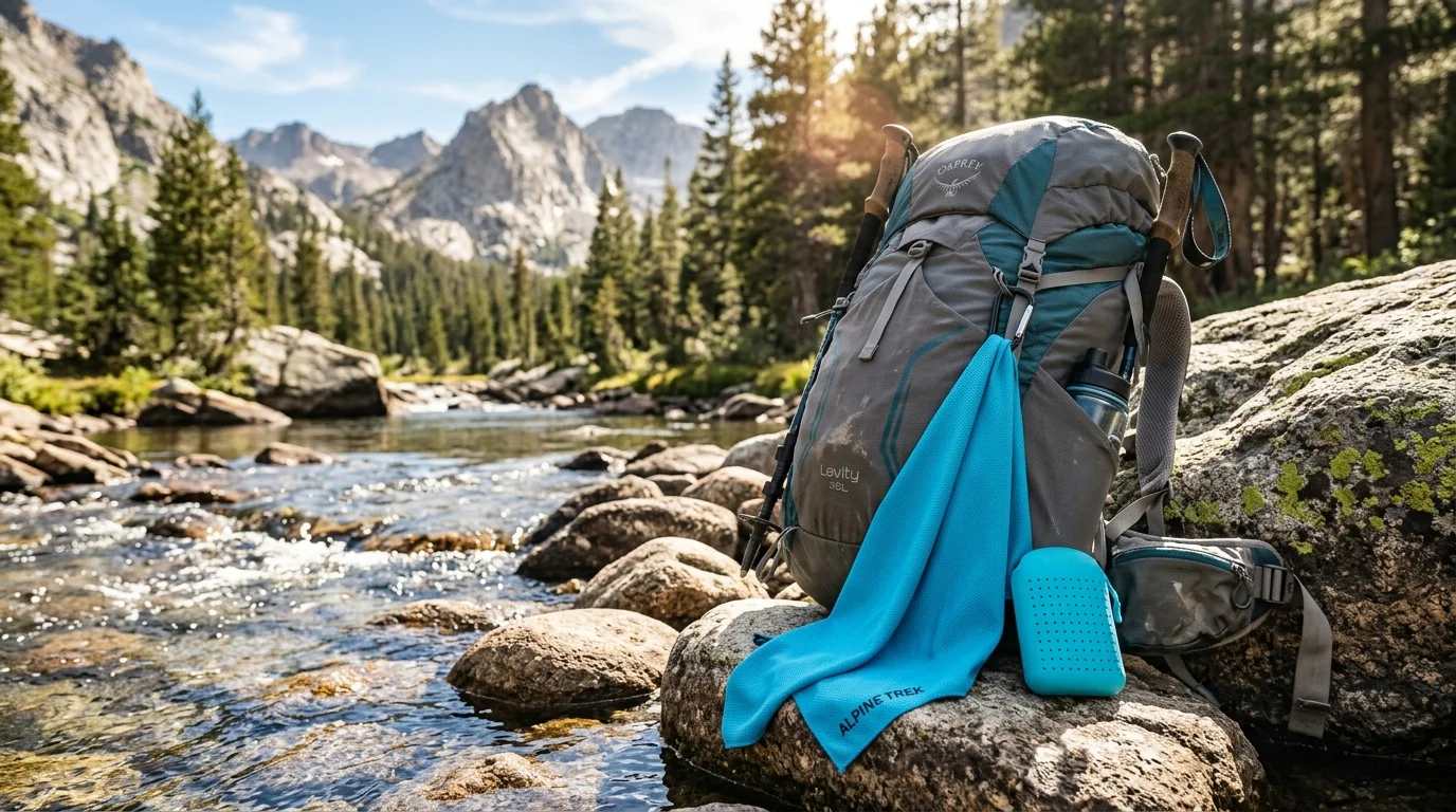 Compact cyan 4Monster quick-dry microfiber towel hanging from hiking pack by alpine mountain stream