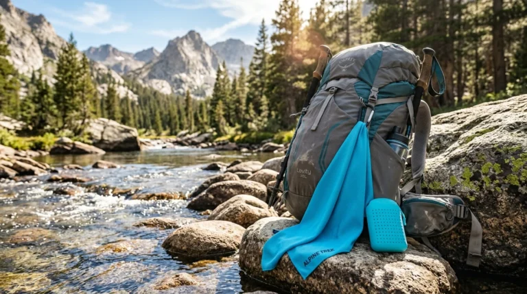 4Monster quick-dry microfiber camping towel and Sea to Summit pocket towel on an outdoor alpine trail