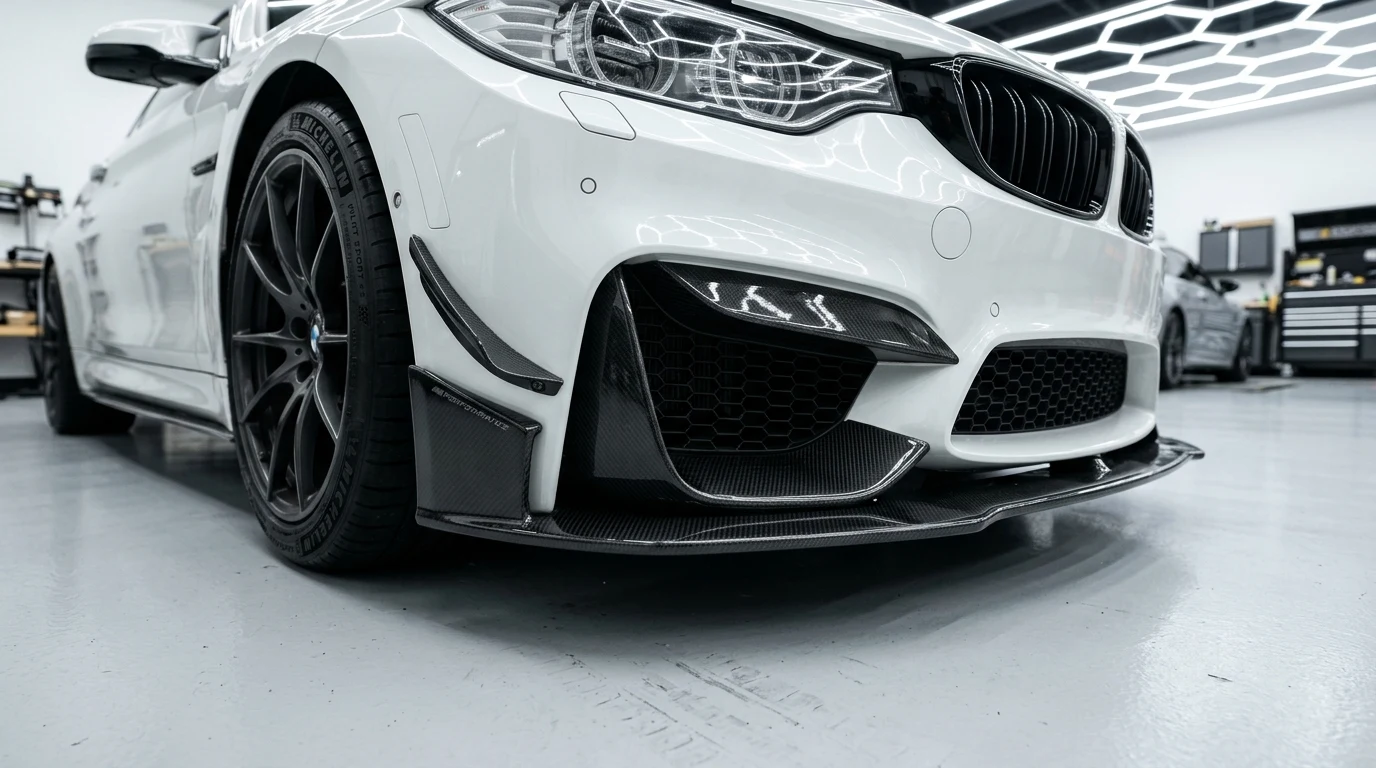 510 Auto Group real carbon fiber front bumper lip splitter and Extreme Online Store aero body kit on a sports coupe