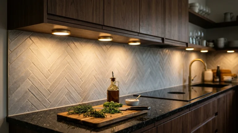 AIBOO slim aluminum under-cabinet LED puck lights and Brilliant Evolution wireless puck lights illuminating a luxury quartz kitchen counter