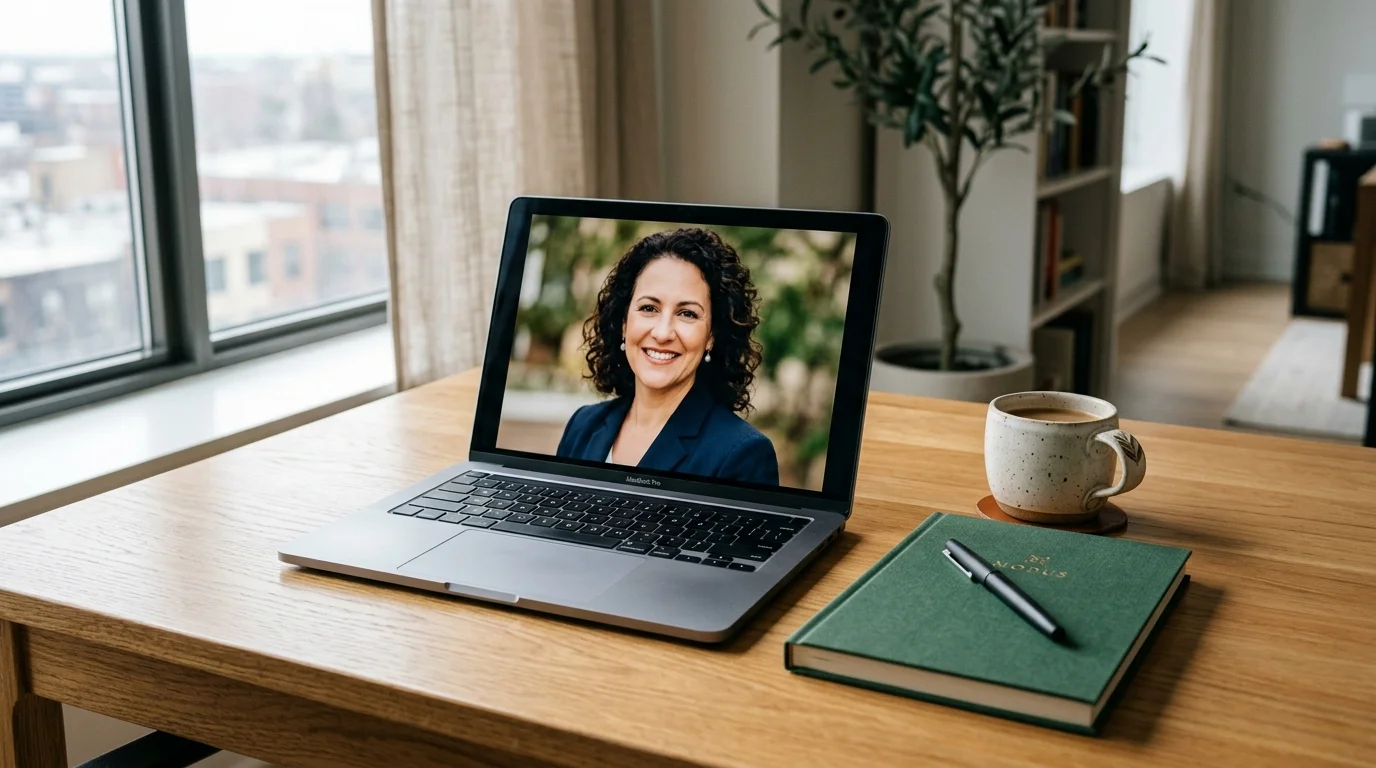 Executive workstation setup showing professional corporate headshot on laptop screen with warm morning daylight