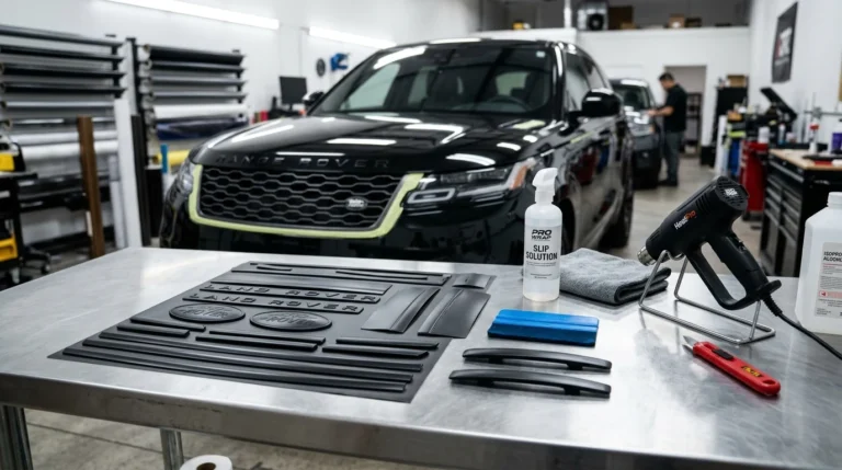 Precision blackout emblem overlays and vehicle styling trim tools on automotive workshop bench