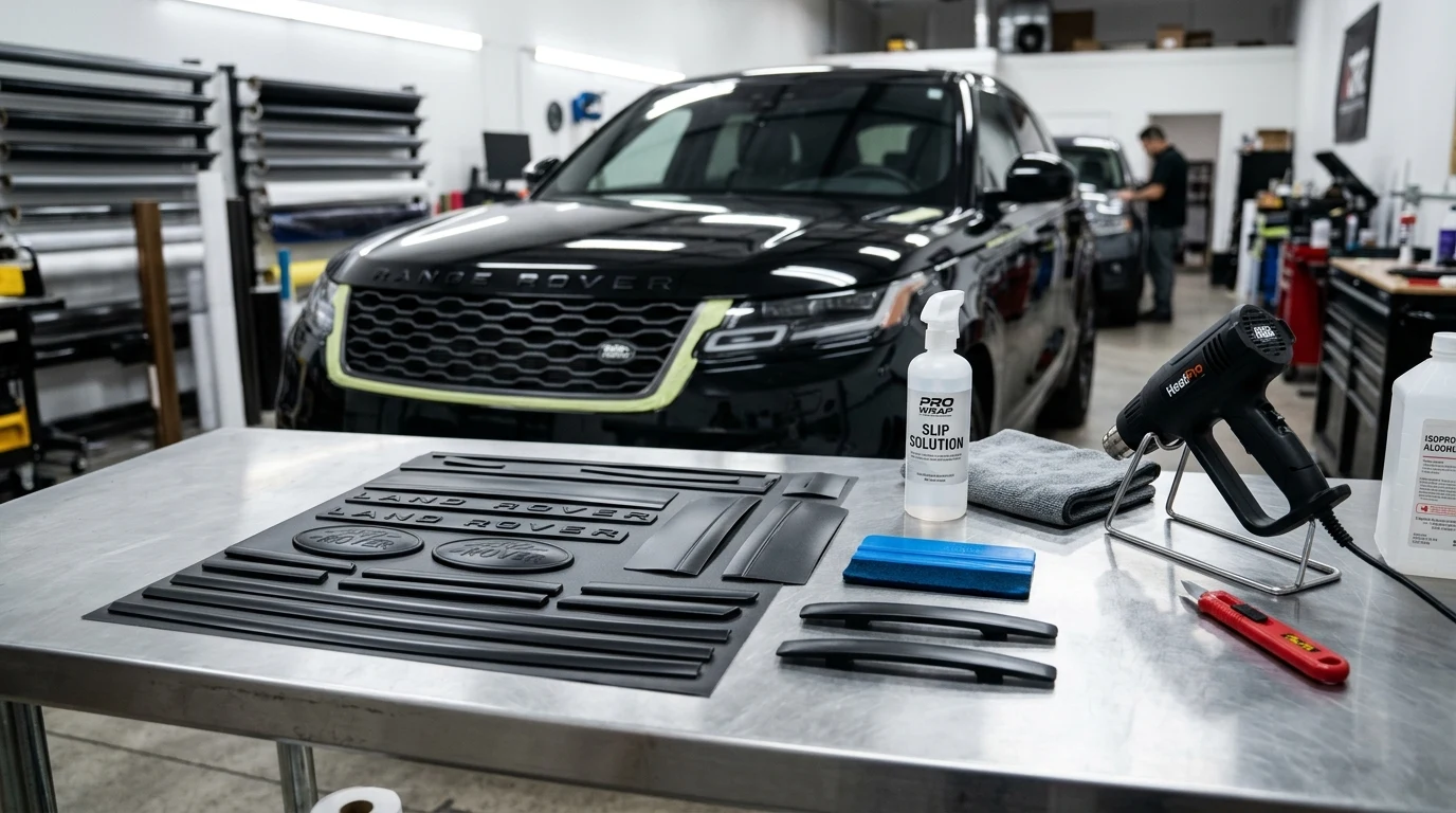 Precision blackout emblem overlays and vehicle styling trim tools on automotive workshop bench