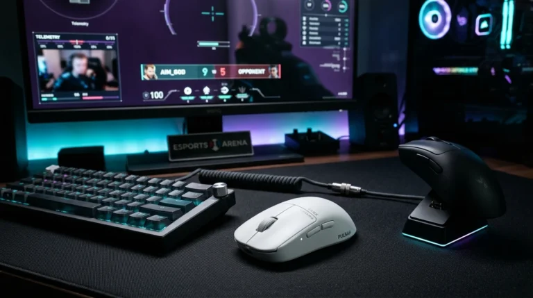 Esports gaming setup featuring ultra-lightweight white wireless mouse and magnetic rapid trigger keyboard on black desk mat with purple lighting