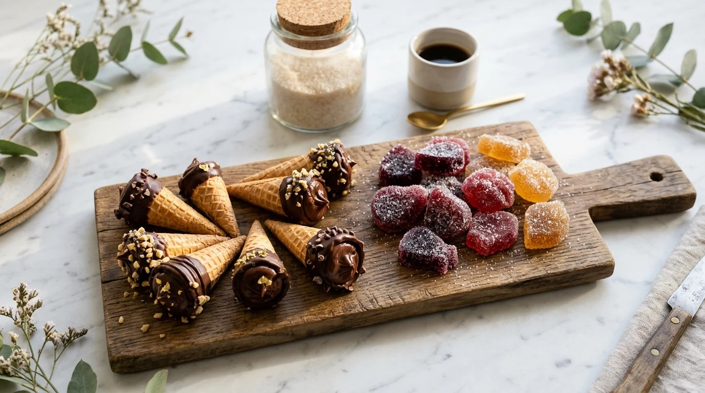 Gourmet chocolate dipped mini waffle cones and fruit pectin artisan gummies on white marble pastry slab
