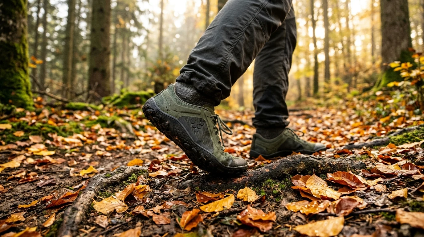 Natural wide toe box barefoot trail shoes resting on mossy stones in an alpine forest