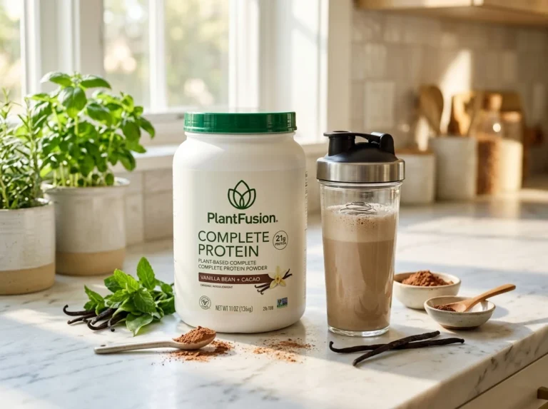 Plant-based protein shake and clean supplement containers on an airy kitchen countertop