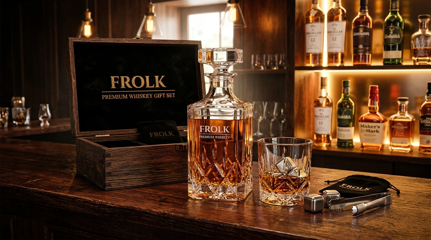 Luxury lead-free crystal whiskey decanter, heavy tumblers, and granite chilling stones in a rustic wooden gift box