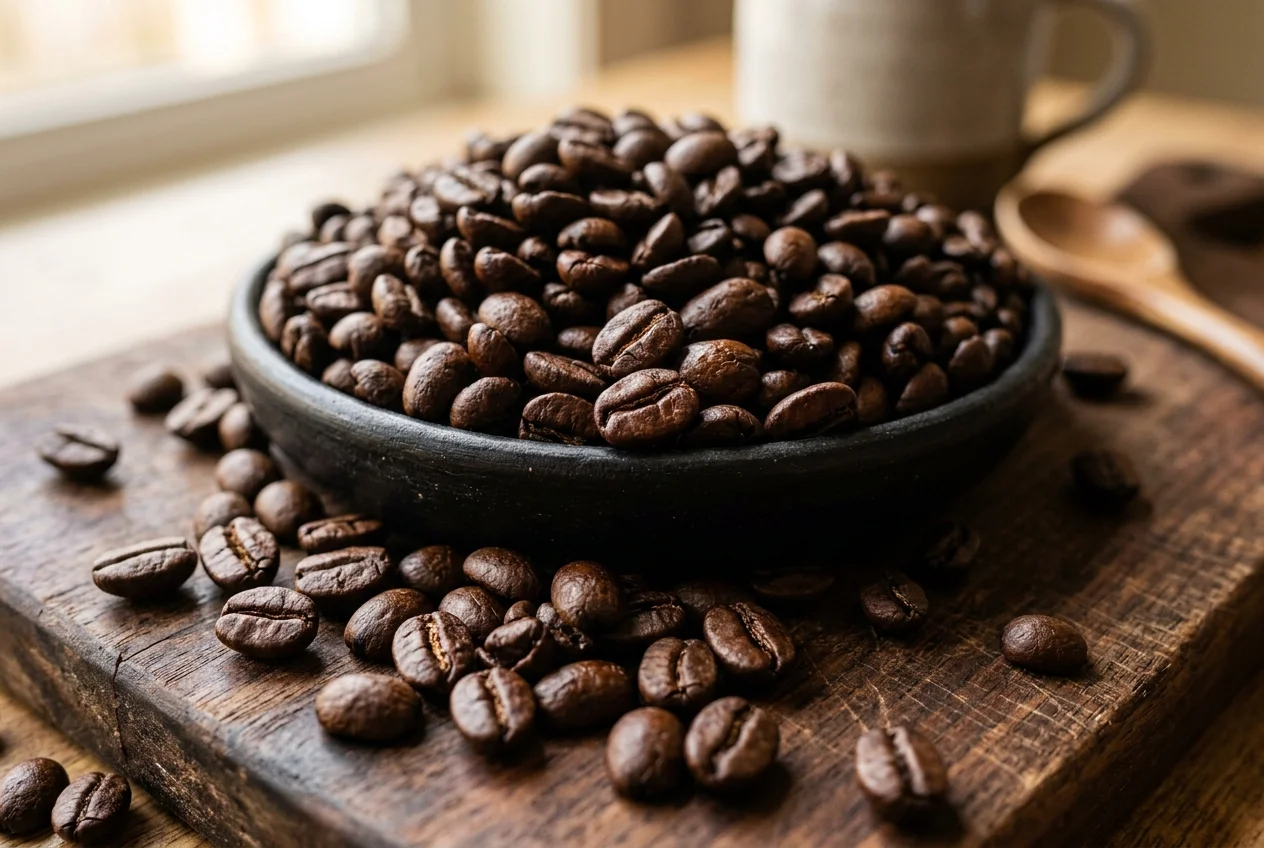 Close-up macro of freshly roasted dark specialty coffee beans overflowing in a matte black bowl