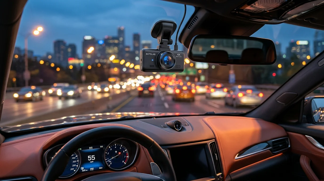 Botslab 4K dual dash cam mounted on windshield beside rearview mirror inside modern vehicle at twilight