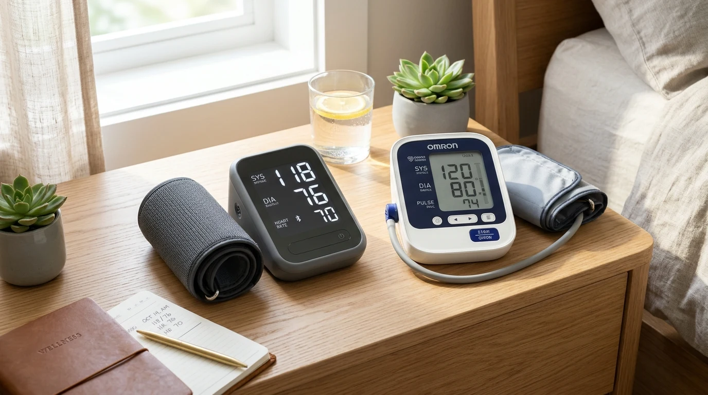Smart digital upper arm blood pressure monitors with universal cuffs and health tracking journal on sunlit bedside table
