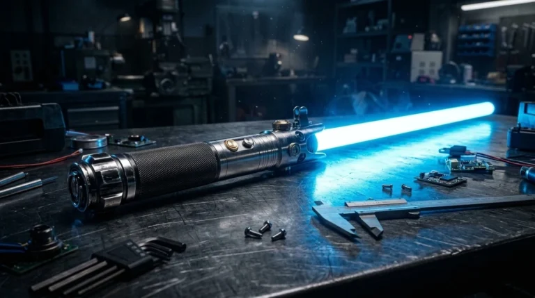 Custom high-performance hobby gear workbench featuring an aerospace aluminum saber hilt and brushless RC buggy