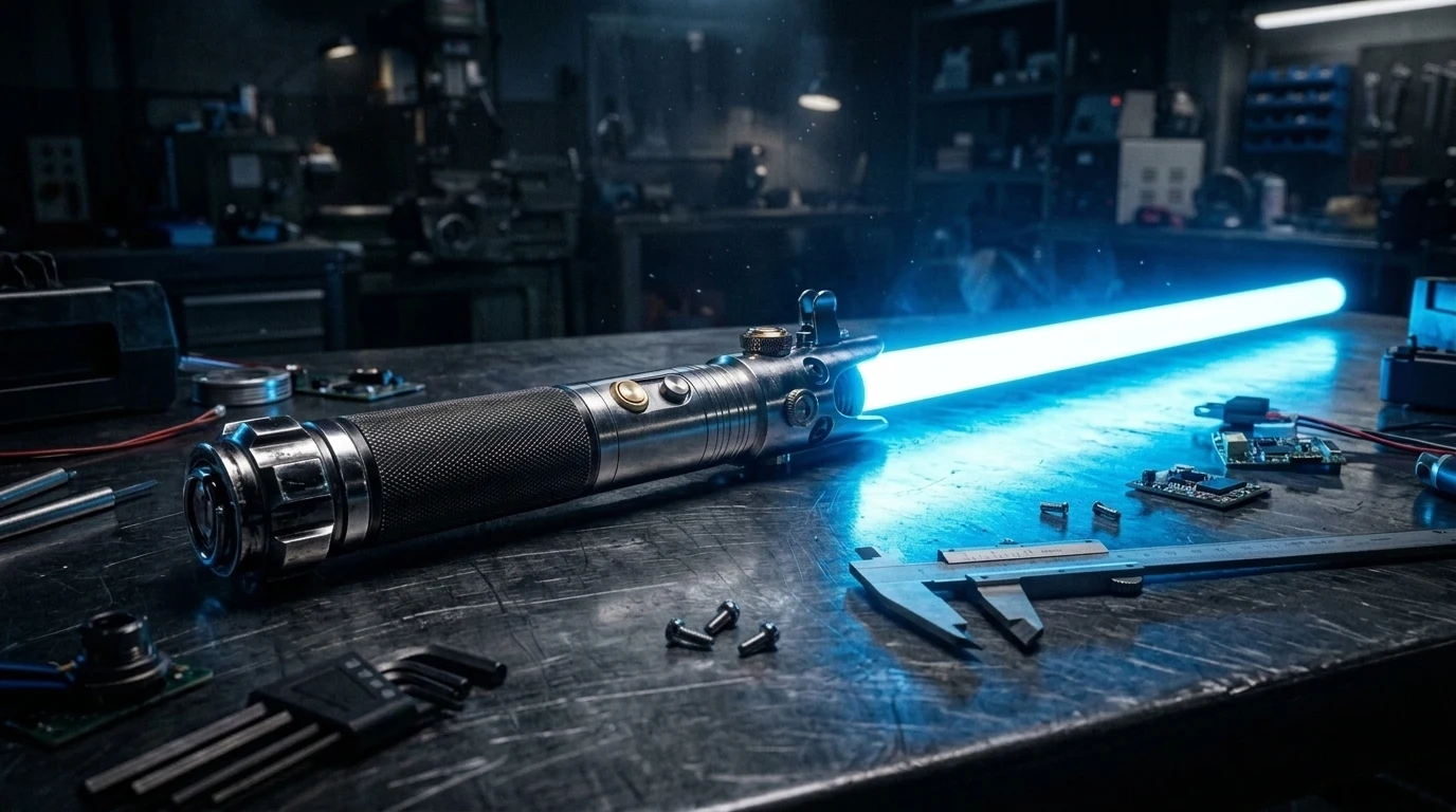 Custom high-performance hobby gear workbench featuring an aerospace aluminum saber hilt and brushless RC buggy