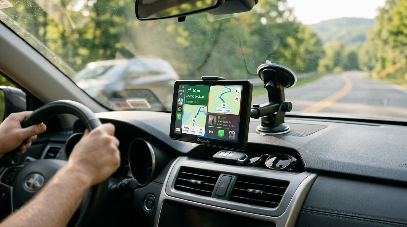 Carpuride 9-inch wireless Apple CarPlay and Android Auto touchscreen display mounted on car dashboard