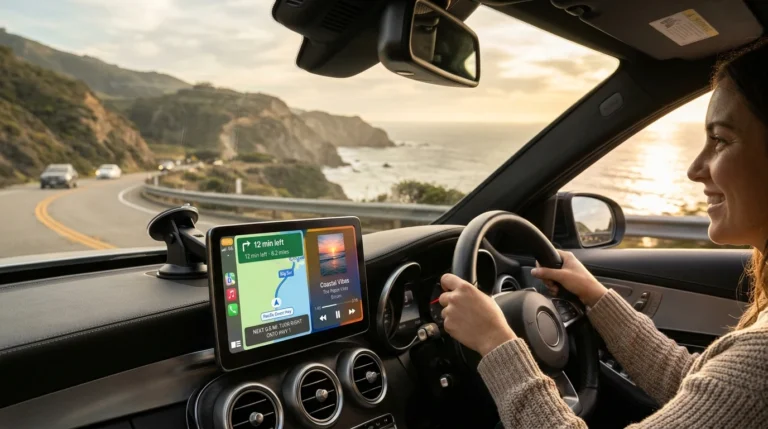 Carpuride portable wireless Apple CarPlay and Android Auto screen on car dashboard