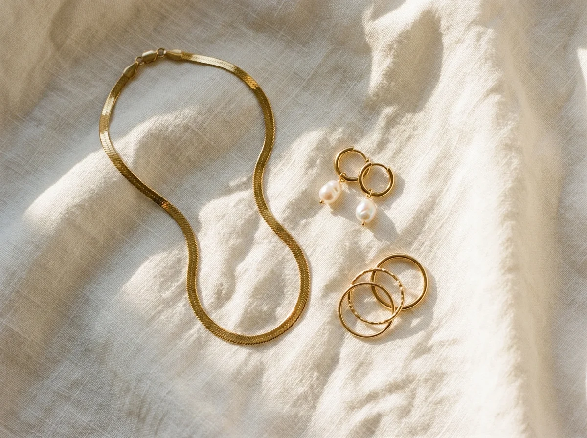 Minimalist jewelry flatlay with gold herringbone chain, baroque pearl earrings, and stackable rings
