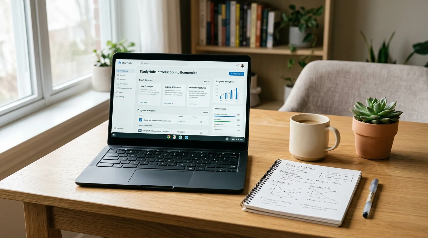 Clean student study desk setup with open refurbished Chromebook, notebook, pen, and coffee mug