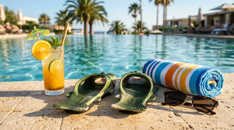 Coddies original fish flip flops and classic Crocs foam clogs resting poolside on sunny terracotta tiles