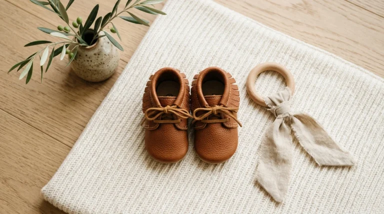 Handcrafted genuine leather baby moccasins and natural beech wood teether in cozy nursery setting