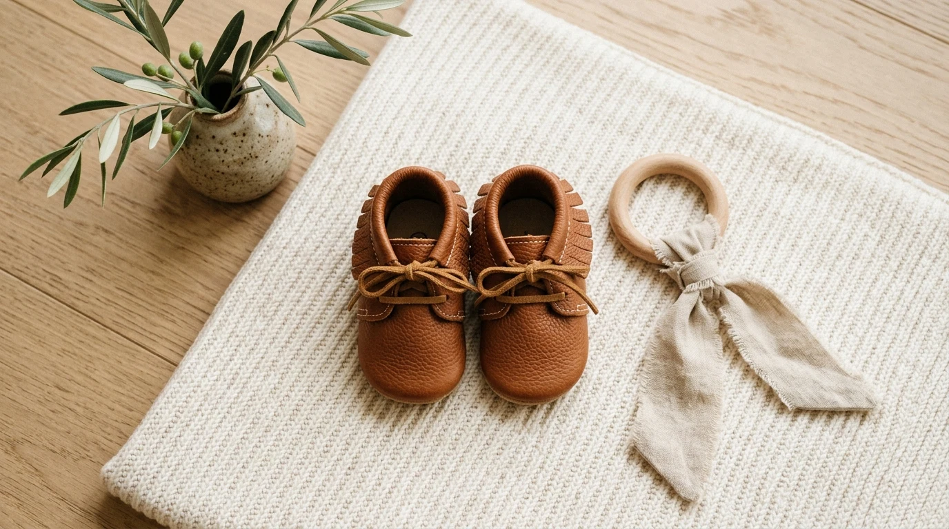 Handcrafted genuine leather baby moccasins and natural beech wood teether in cozy nursery setting