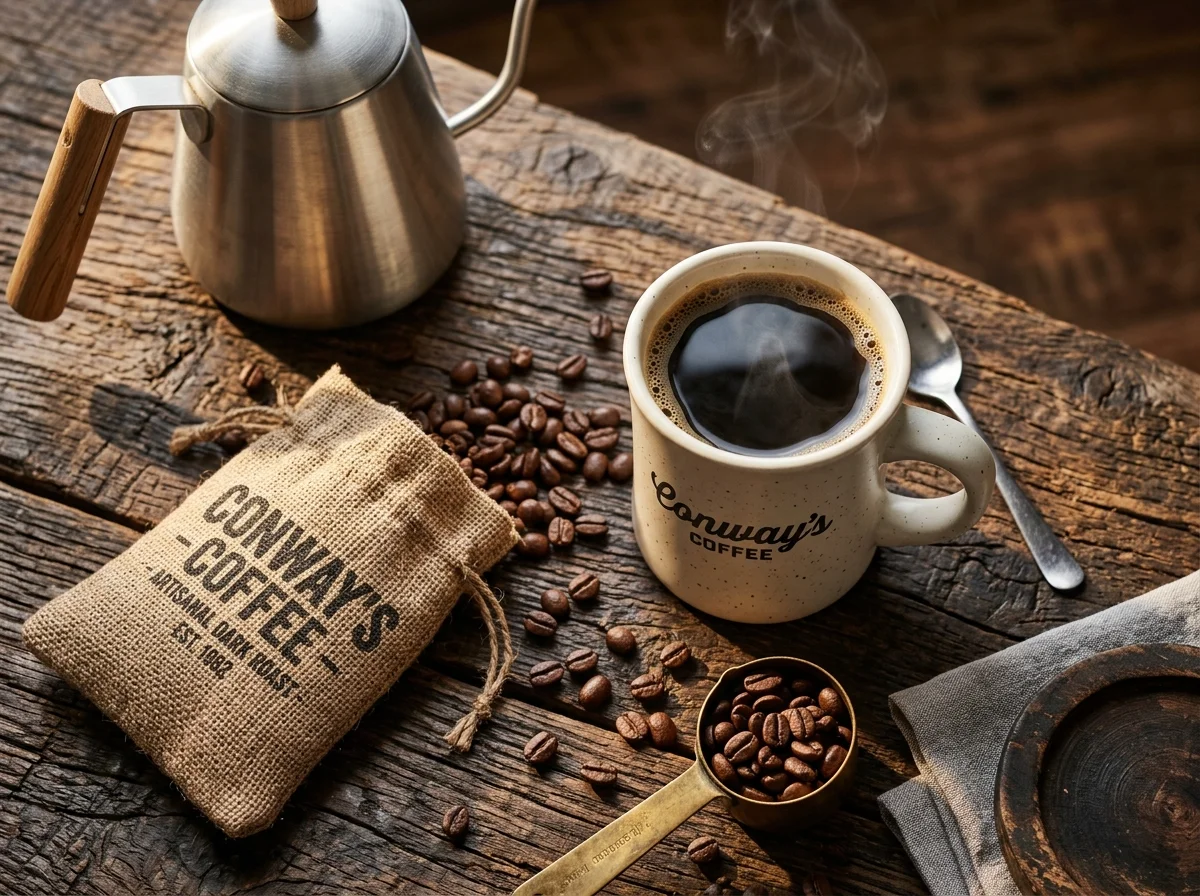Artisanal cafe table flatlay with burlap coffee sack, ceramic mug of steaming coffee, roasted beans, and pour-over kettle