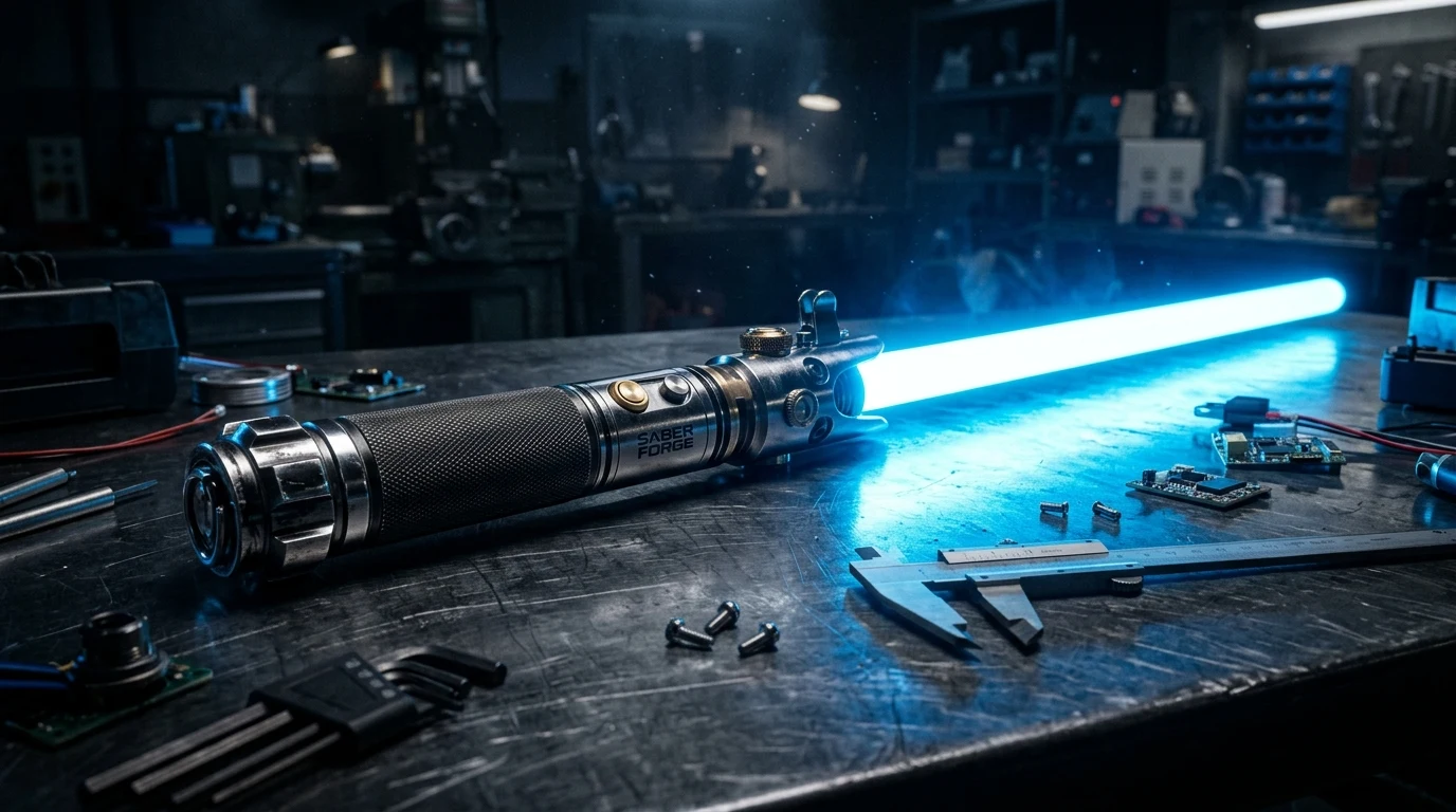 CXSABERS illuminated Neopixel custom lightsaber and SaberForge dueling hilt resting on a dark Jedi workshop workbench