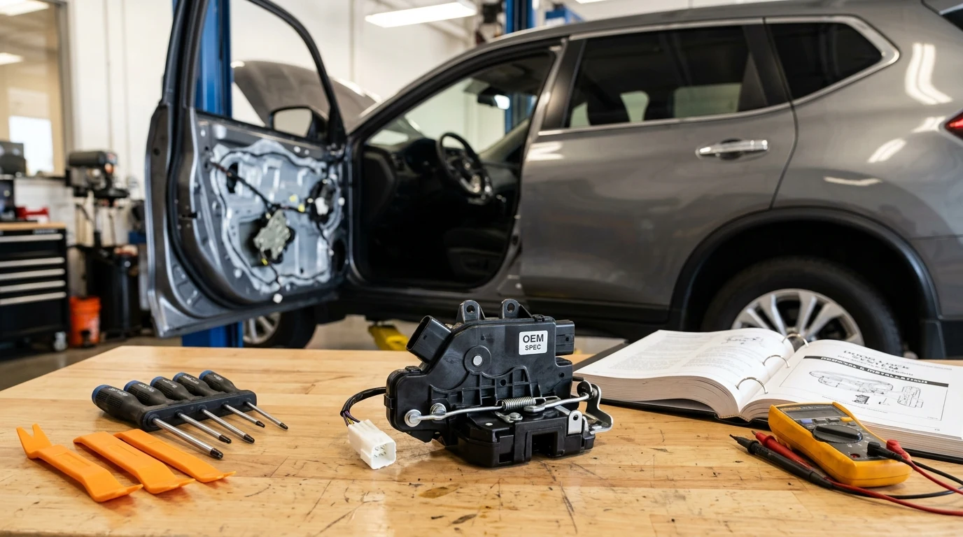 Dasbecan power door lock actuator motor and Dorman replacement auto part on a mechanic workbench with diagnostic tools