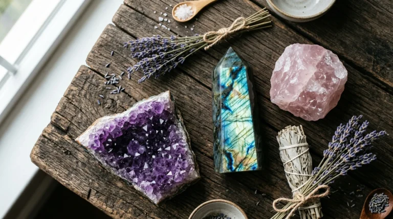 Collection of raw healing crystals natural amethyst geodes and quartz clusters on rustic wooden table