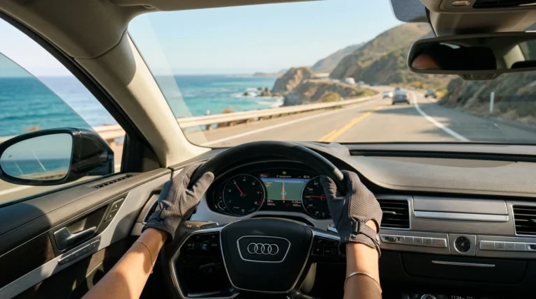 Pair of stylish breathable UPF 50 sun protection driving gloves gripping leather steering wheel on a sunny scenic highway