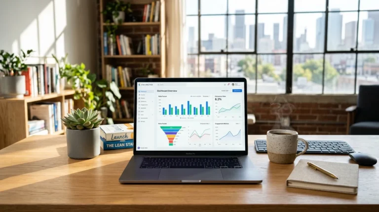 Digital solopreneur workspace with laptop running all-in-one sales funnels and automated email analytics