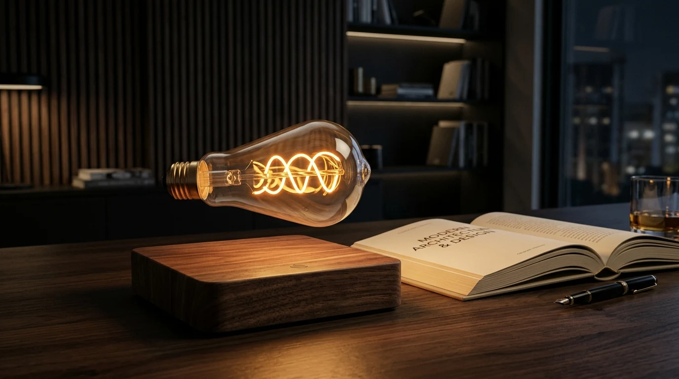 Ep designlab art-resin ambient light bulb and Flyte magnetic levitating LED lamp floating on a modern wooden desk