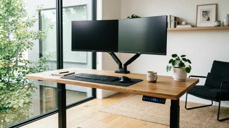 Modern ergonomic home office featuring dual-motor motorized electric standing desk and smart lighting