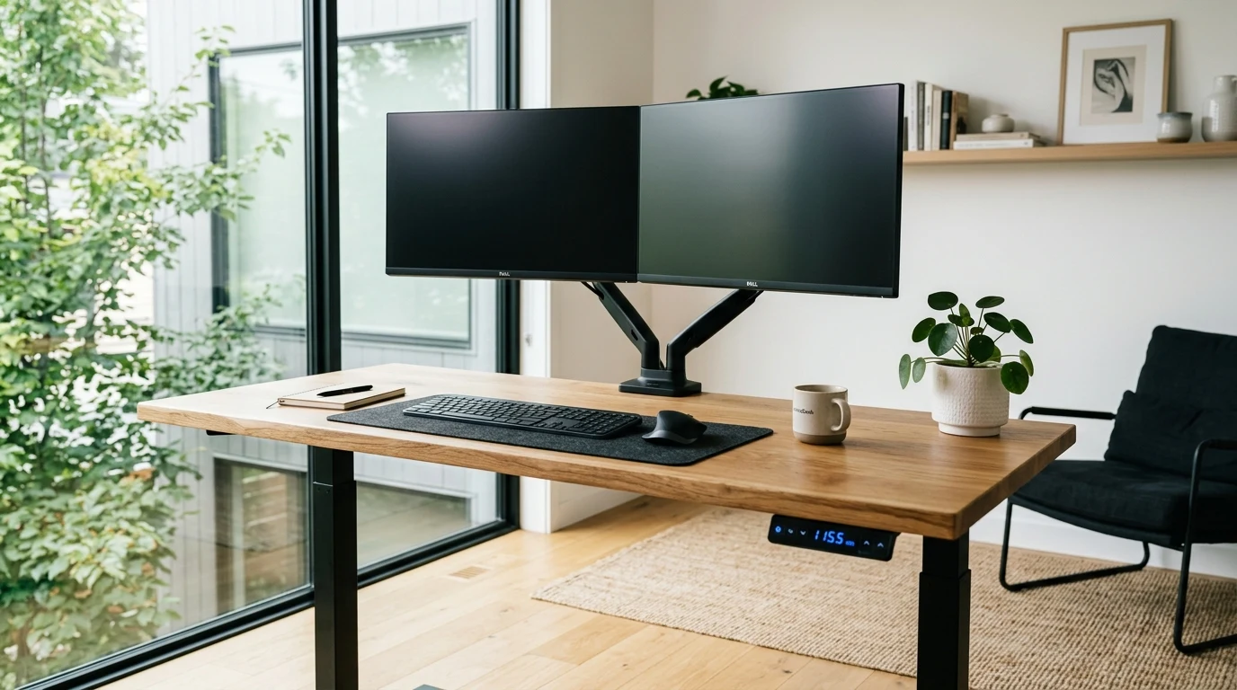 Modern ergonomic home office featuring dual-motor motorized electric standing desk and smart lighting