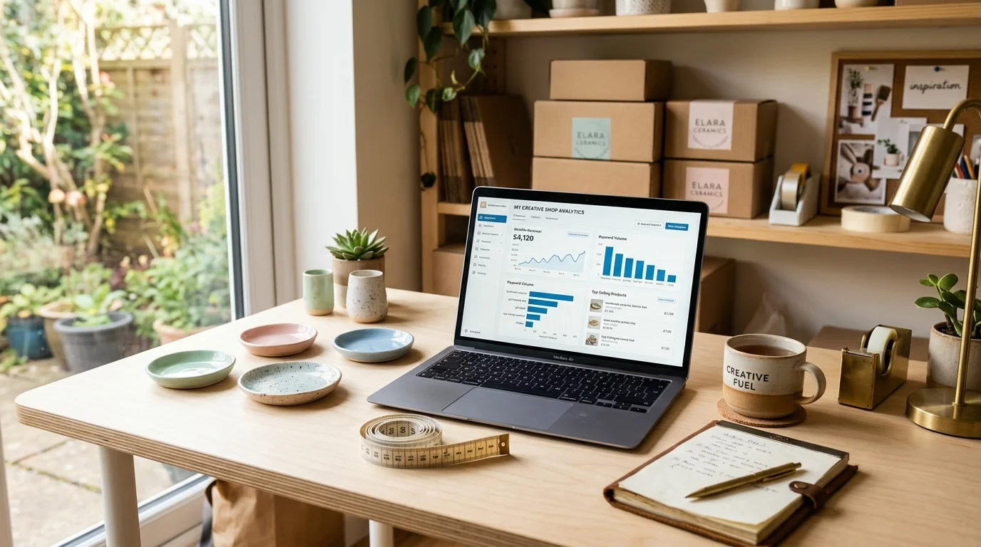 E-commerce seller workspace with laptop displaying Everbee Etsy product research and sales analytics dashboard