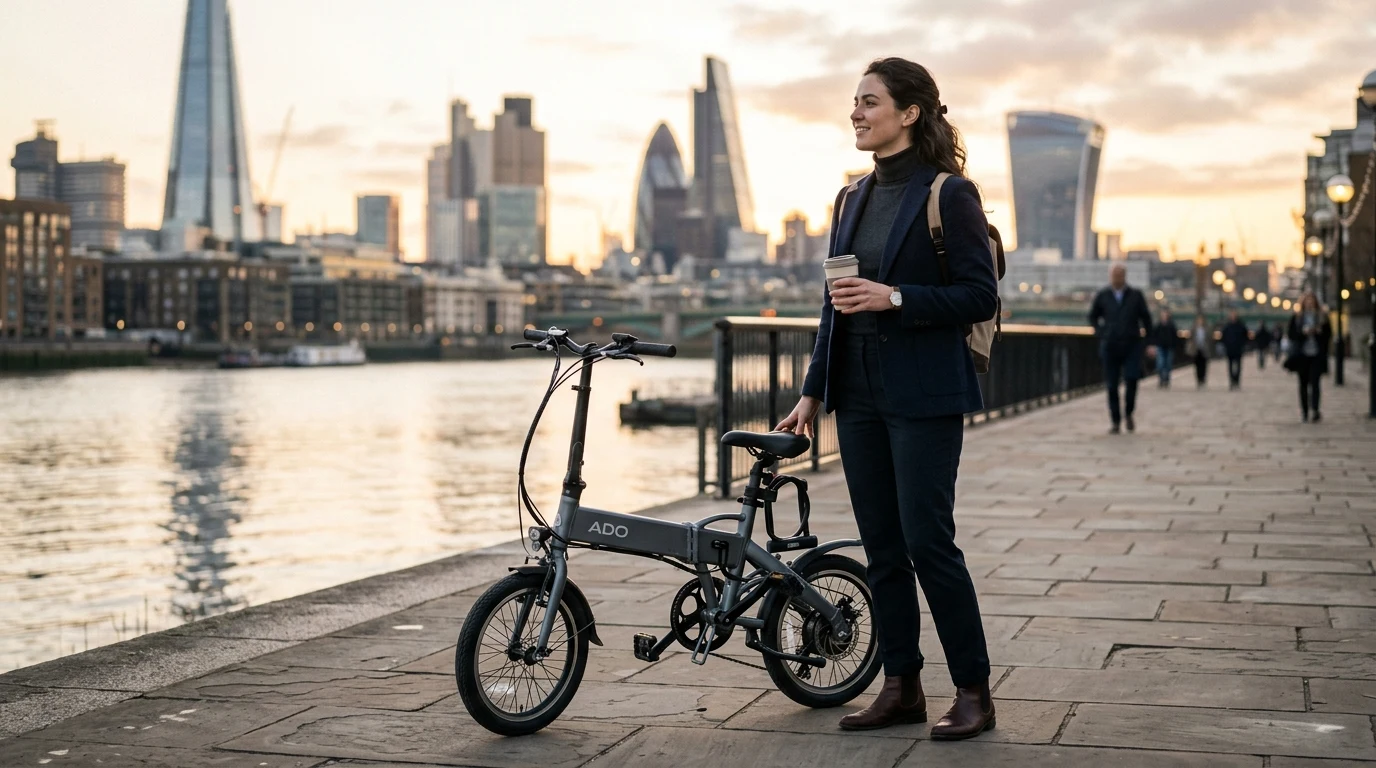 Ultra-compact folding electric commuter bike standing folded on a clean city transit platform