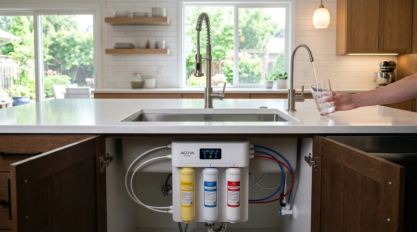 Compact white Frizzlife tankless reverse osmosis water filter system installed under kitchen sink