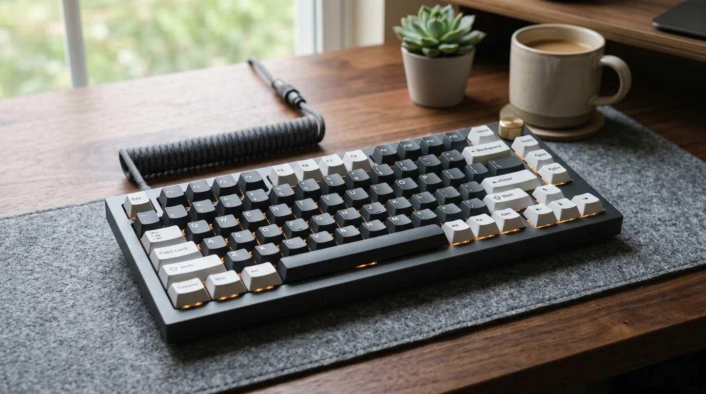 Gamakay 75% mechanical keyboard with subtle RGB backlighting on modern minimalist desk setup