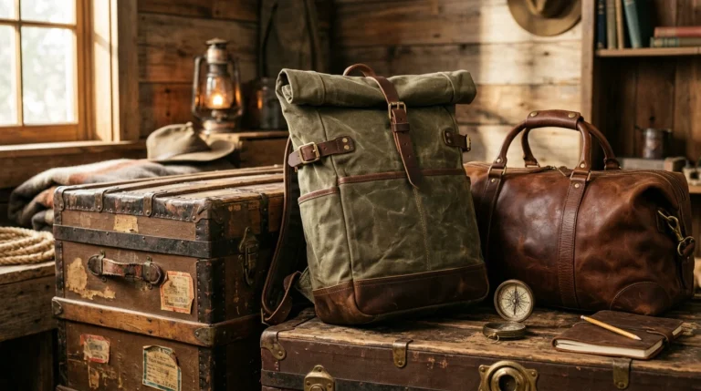 Gentcreate vintage waxed canvas leather backpack and Fjallraven Kanken daypack resting on a rustic timber cabin table
