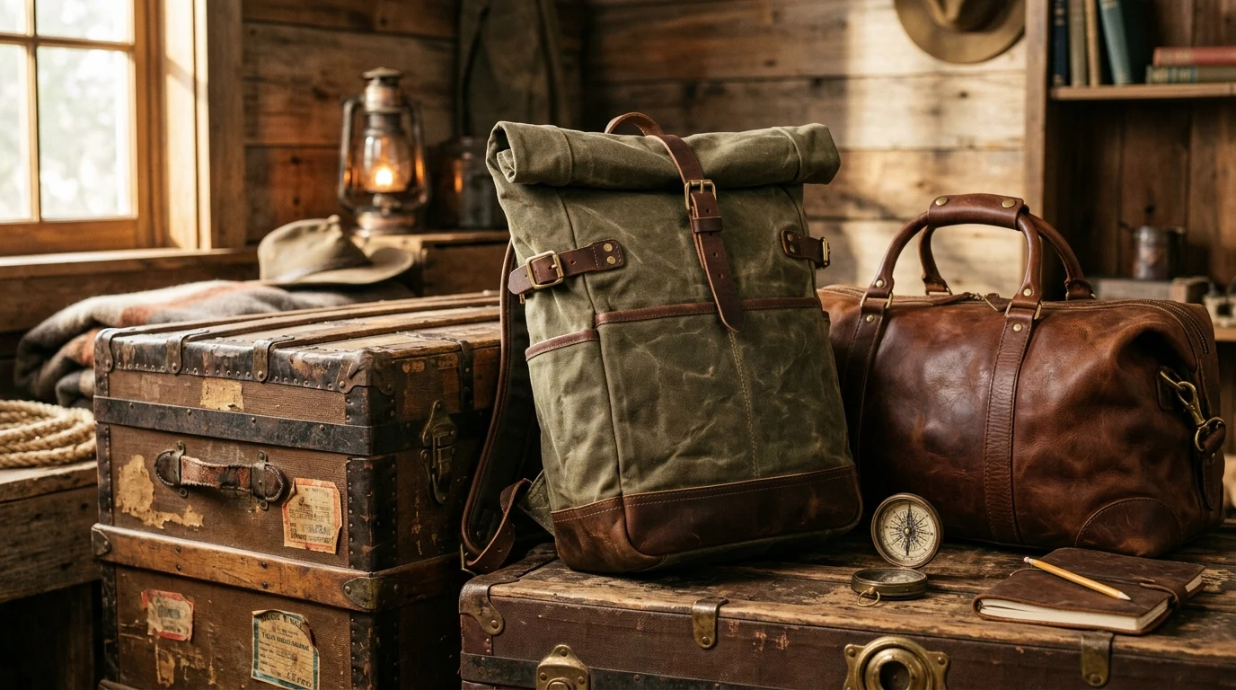 Gentcreate vintage waxed canvas leather backpack and Fjallraven Kanken daypack resting on a rustic timber cabin table
