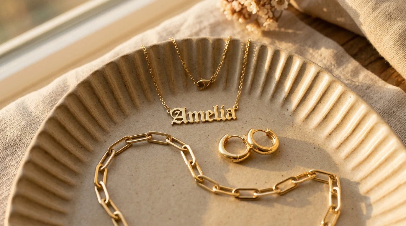 Gogo Lush gold Old English nameplate necklace chunky paperclip chain and stacked rings at golden hour