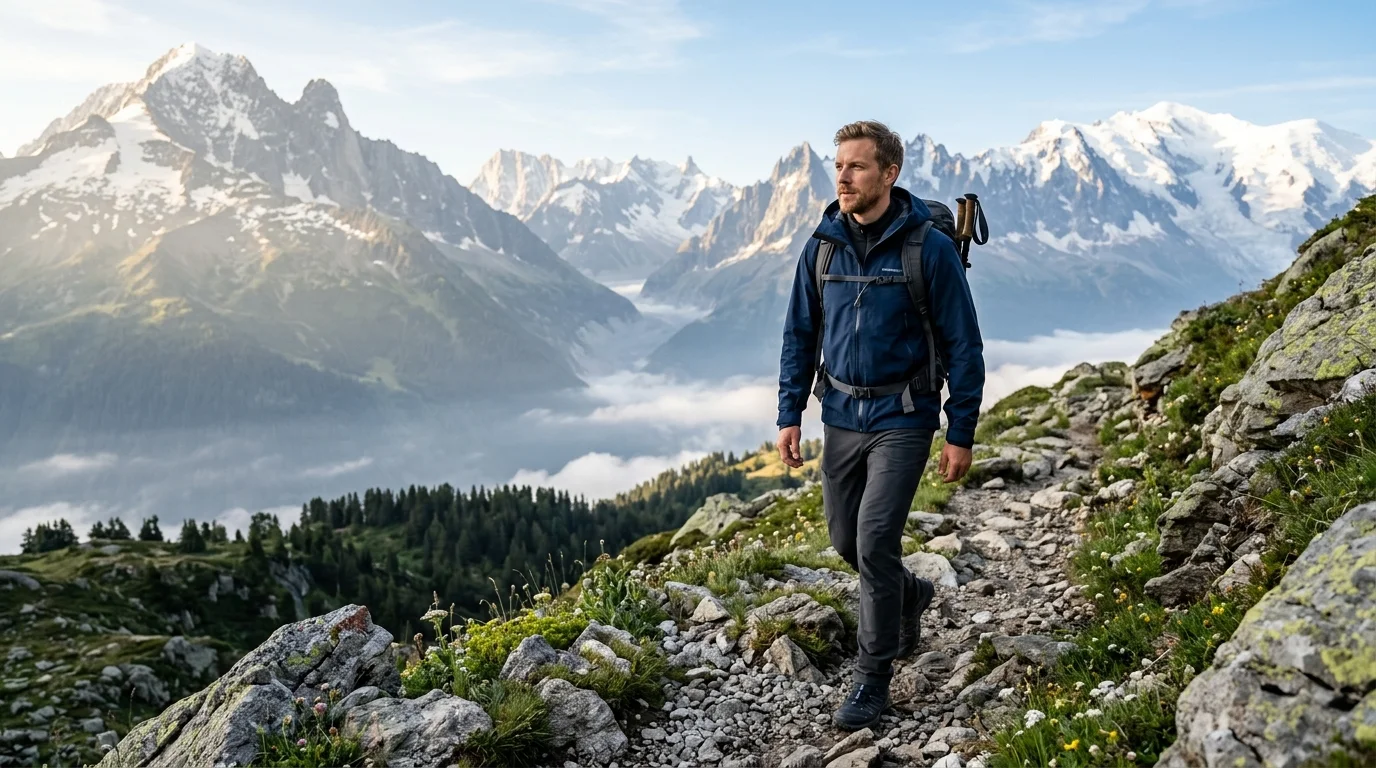 Hiker in navy blue Haimont waterproof technical jacket on alpine mountain trail in morning fog