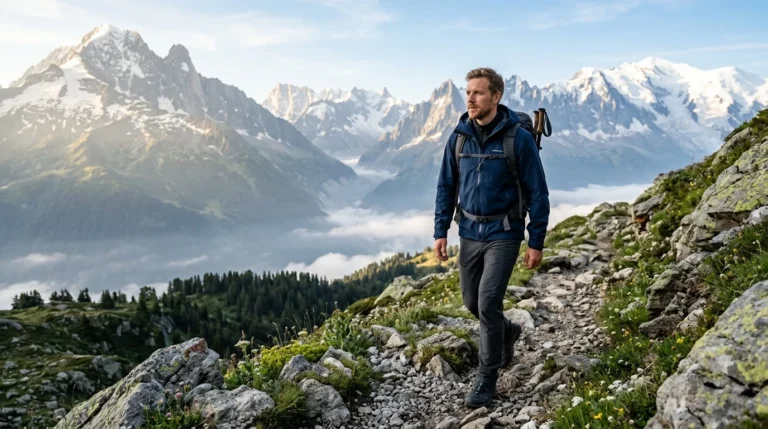 Haimont technical waterproof hooded outdoor jacket and Columbia Omni-Tech hiking jacket hanging on a wooden lodge rack