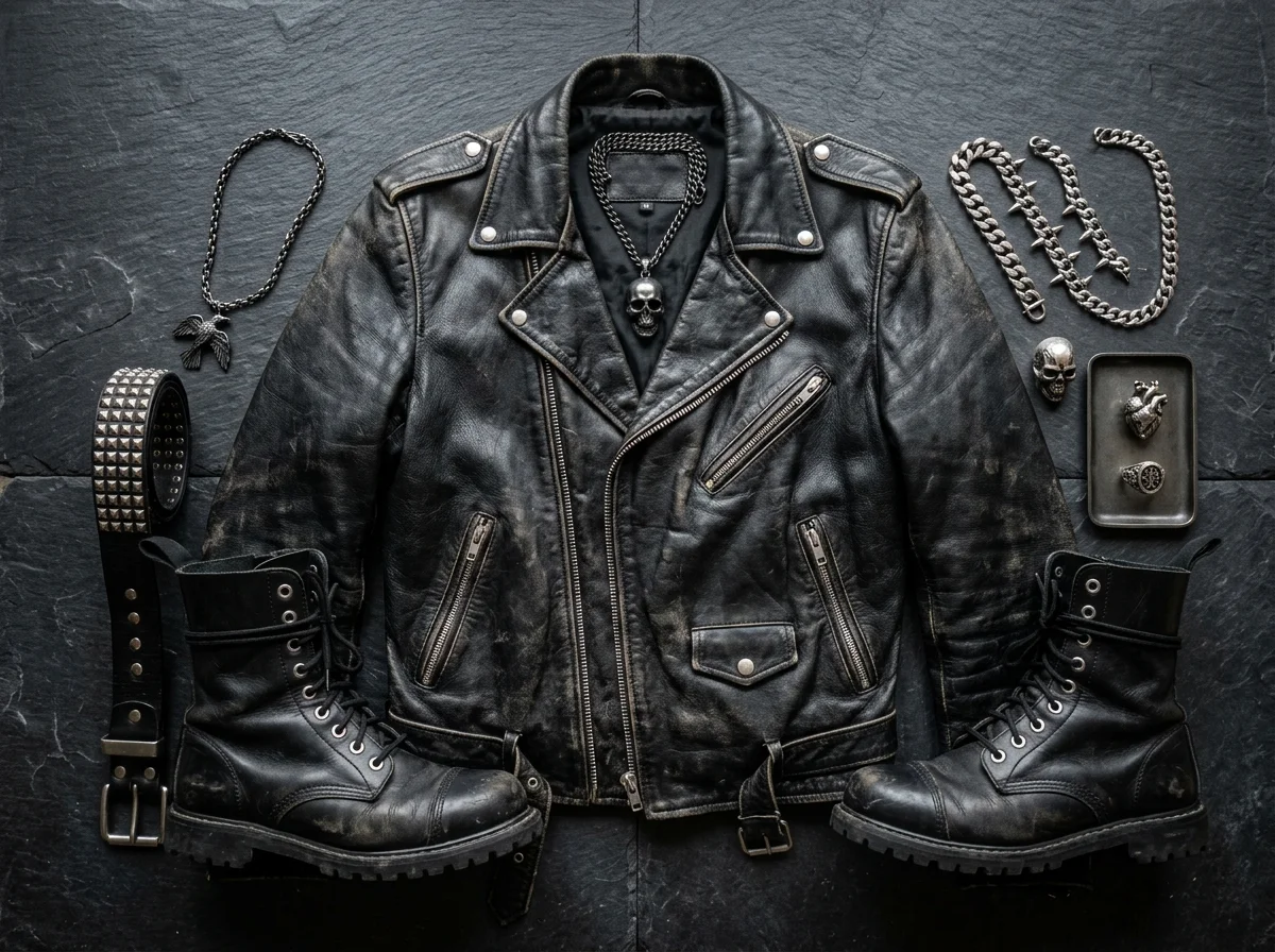 Gothic and rock alternative fashion flatlay with black leather moto jacket, heavy boots, and skull jewelry
