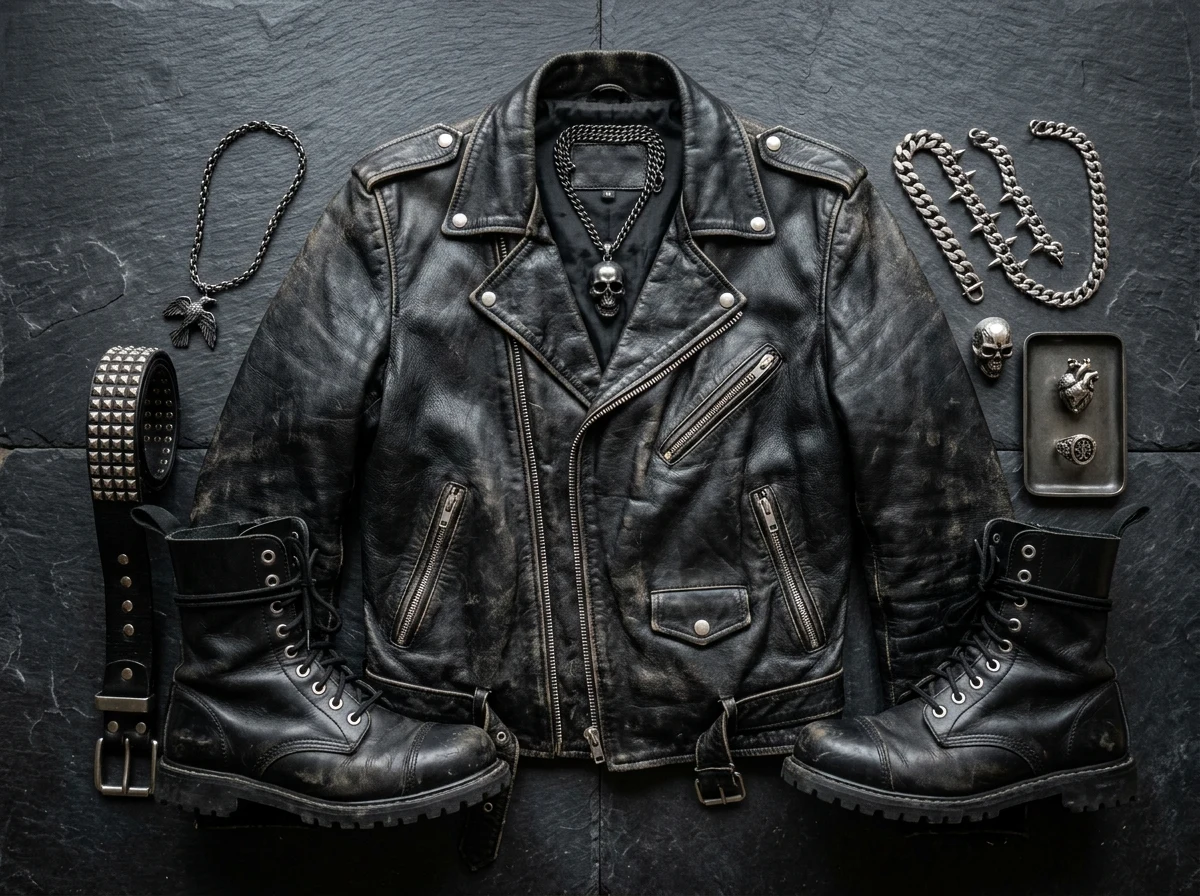Gothic and rock alternative streetwear with heavy stainless steel skull rings and studded leather biker jacket