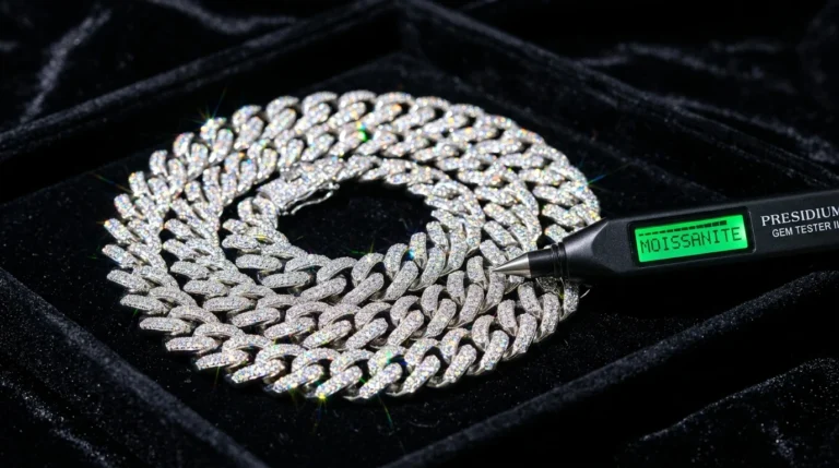 Icyland solid 925 silver Cuban link chain iced with VVS moissanite testing positive on electronic diamond tester pen