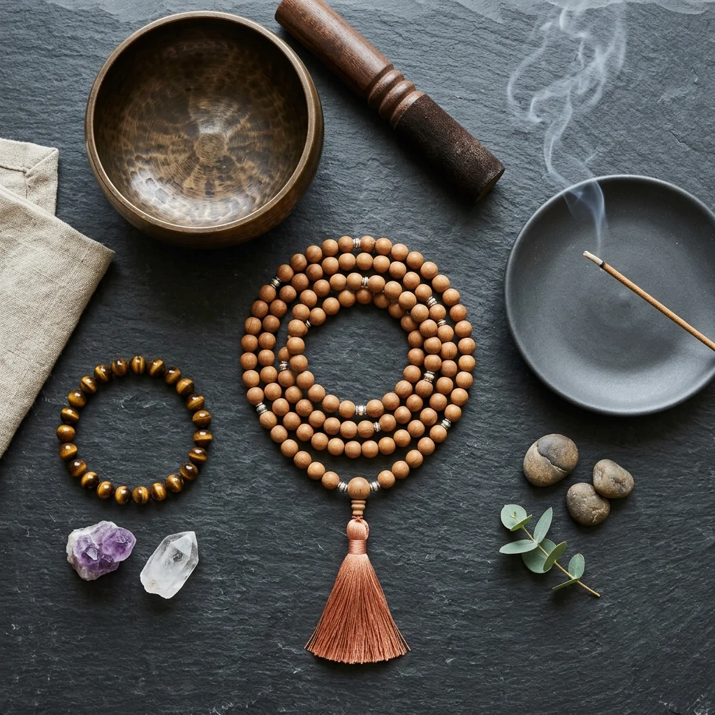 JEWELRY BUDDHA handcrafted sandalwood 108 mala meditation beads and spiritual gemstone talisman on natural slate stone
