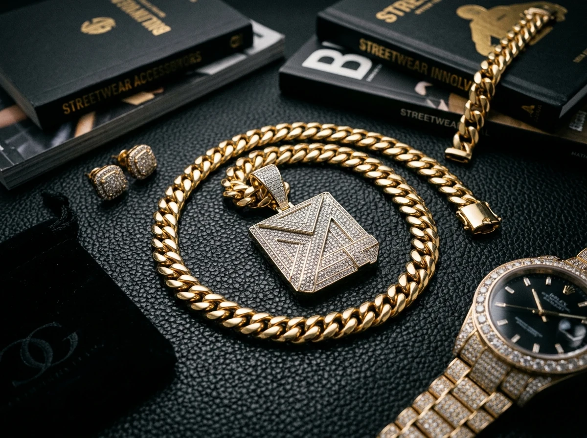 JNCY Jewelers custom iced-out Cuban link chain and pave diamond streetwear pendant on dark leather velvet display